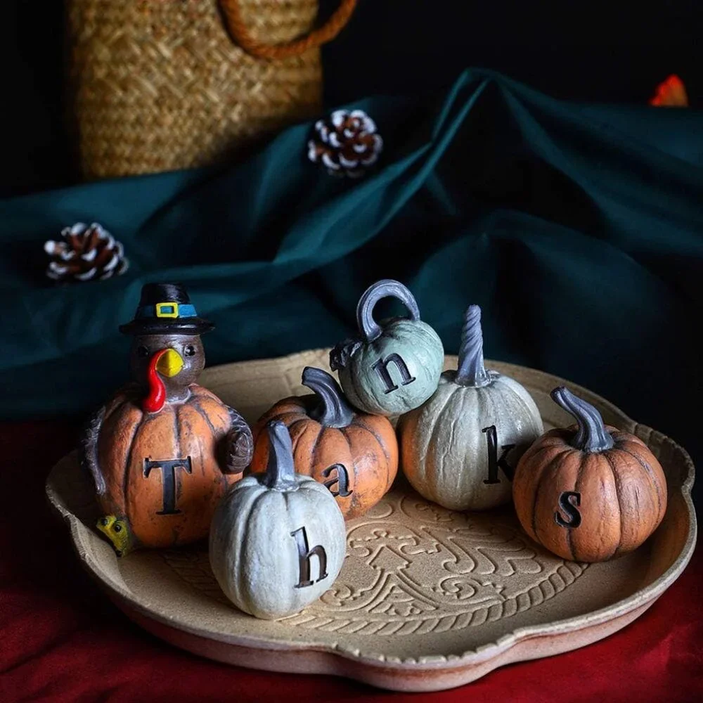 Set of 6 Hand-Painted Turkey Pumpkin with Engraved Thanksgiving Decoration